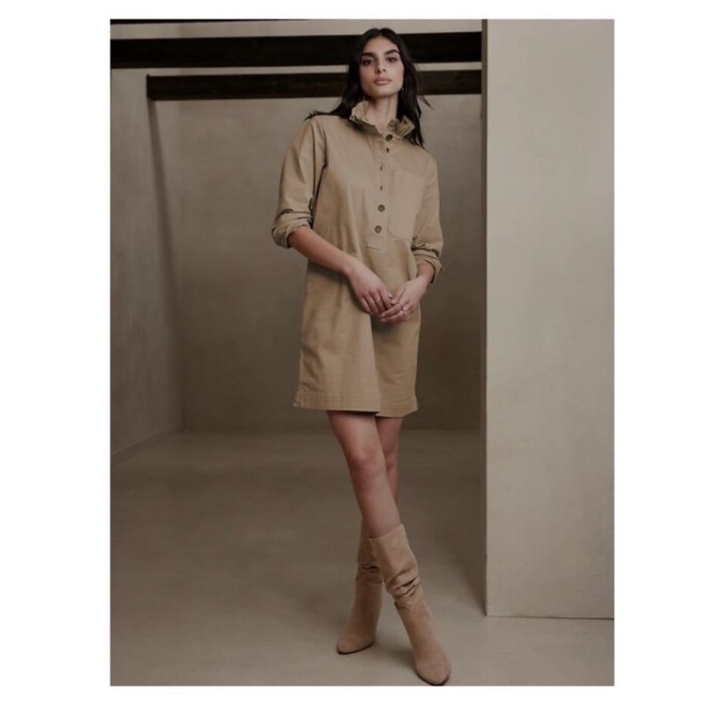 NWT Banana Republic Shirt‎ Dress Ruffle Collar Button Down Casual Khaki Size S